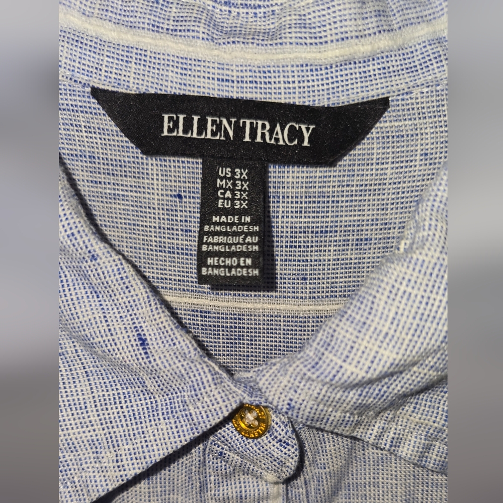 Ellen Tracy White and Blue 100% Linen Striped Shirt 3X - Picture 3 of 7